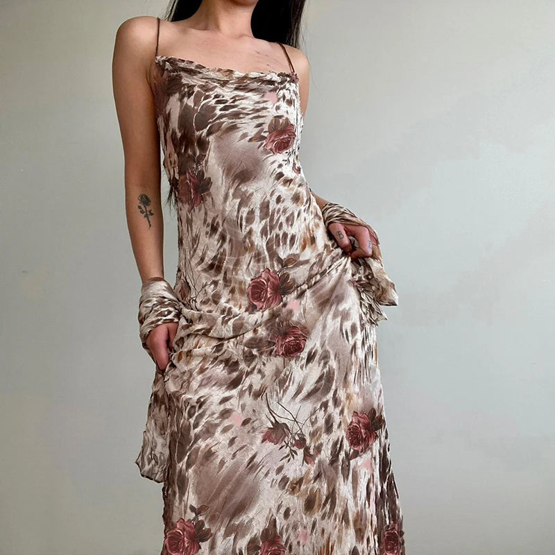 Vintage Fashion Leopard Flowers Print Long Dress Party Spaghetti Strap Y2K Chic Holidays Sundress Elegant Women Sexy