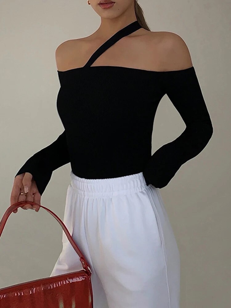 Slim Black Sweater For Women Irregular Collar Off Shoulder Long Sleeve Minimalist Knitting Pullover Female