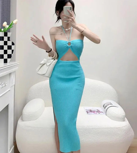 Women's Solid Elegant Sexy Club Slim Hollow Out Halter Lace-up Split Long Dress Summer Vacation Backless Knitted Party Dress