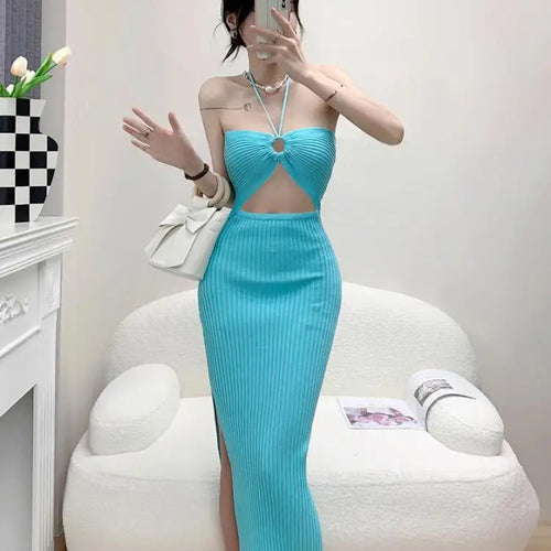 Load image into Gallery viewer, Women's Solid Elegant Sexy Club Slim Hollow Out Halter Lace-up Split Long Dress Summer Vacation Backless Knitted Party Dress
