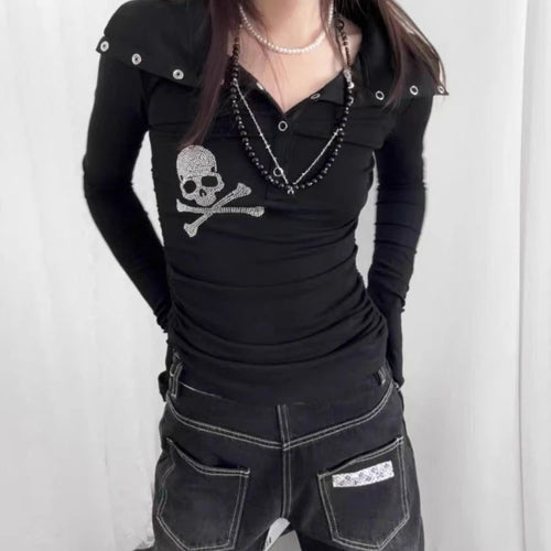 Load image into Gallery viewer, Y2k Aesthetic Diamond Skull Women T-shirt Gothic Punk Vintage Turn Down Collar Fairy Tshirts Streetwear Grunge Slim Fit Tees
