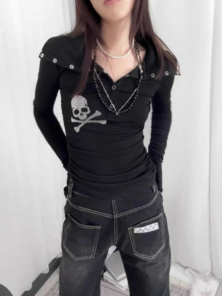 Y2k Aesthetic Diamond Skull Women T-shirt Gothic Punk Vintage Turn Down Collar Fairy Tshirts Streetwear Grunge Slim Fit Tees