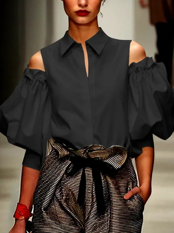 Summer New Women Tuxedo Blouse Shirts Cold Shoulder Office Party Leisure Light Blue Black T-shirts Tops for Women