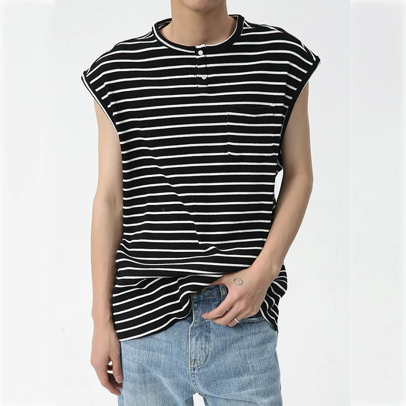 Men's Casual Tank Top Korean Style Simple Striped Shoulder Pads Sleeveless Fashion Color Contrast Crewneck Male Vest C