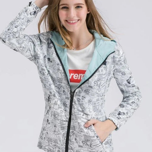 Load image into Gallery viewer, Spring Women Bomber Basic Jacket Pocket Zipper Hooded Two Side Wear Cartoon Print Outwear Loose Coat
