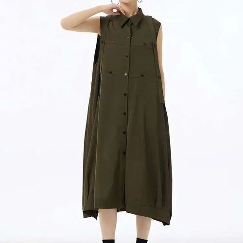 Load image into Gallery viewer, Women Army Green Button Big Size Midi Casual Shirt Dress New Lapel Sleeveless Fashion Tide Spring Summer 2025  1DH6614
