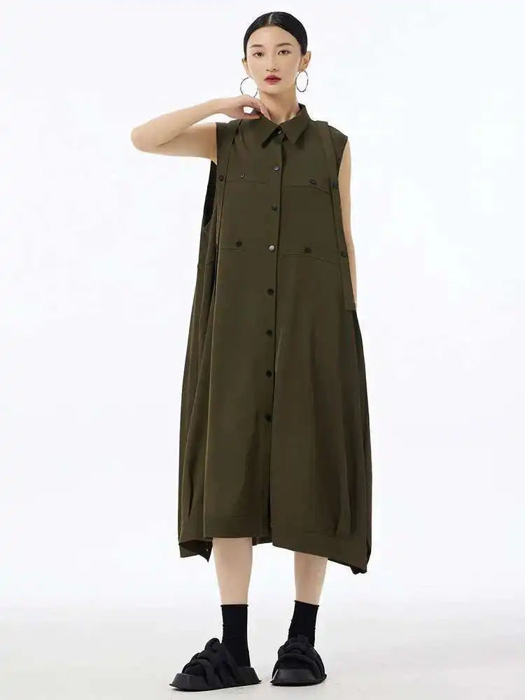 Women Army Green Button Big Size Midi Casual Shirt Dress New Lapel Sleeveless Fashion Tide Spring Summer 2025  1DH6614