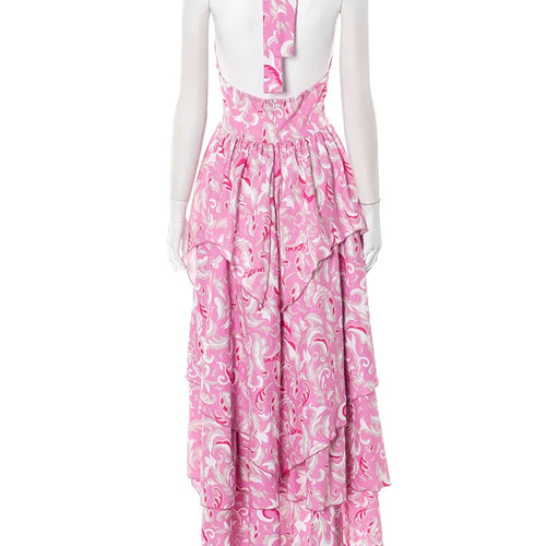 Load image into Gallery viewer, Print Halter Ruffled Sexy Maxi Dress Women Fashion V Neck Sleeveless High Waist Backless Beach Club Party Long Dress

