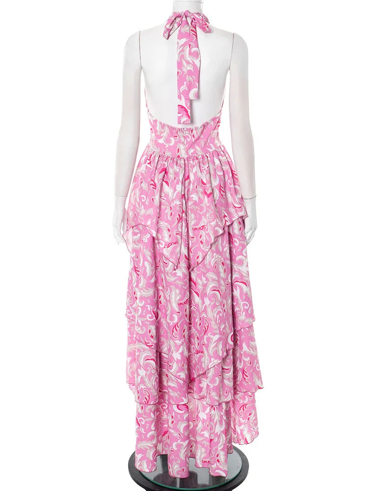 Print Halter Ruffled Sexy Maxi Dress Women Fashion V Neck Sleeveless High Waist Backless Beach Club Party Long Dress