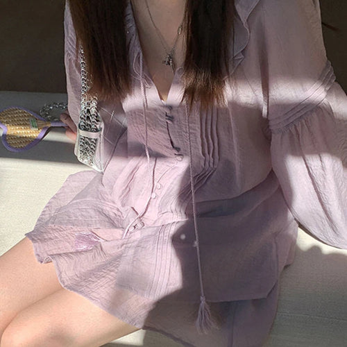 Load image into Gallery viewer, Purple Sweet Two Piece Set Female Blouses V-neck Lace-up Solid Color Chic Button Casual Women&#39;s Blouse Simple Office Lady
