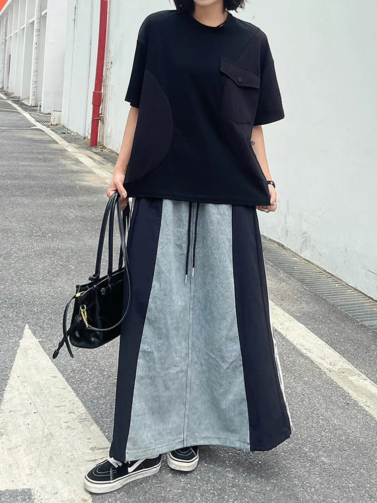 Women Black Splice Color-block Big Size Casual T-shirt New Round Neck Short Sleeve Fashion Tide Spring Summer 2025 1DJ0603