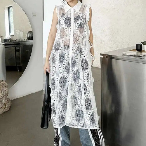 Load image into Gallery viewer, Women White Lace Perspective Ruffles Big Size Shirt Dress New Lapel Sleeveless Fashion Tide Spring Summer 2025 1DH6069
