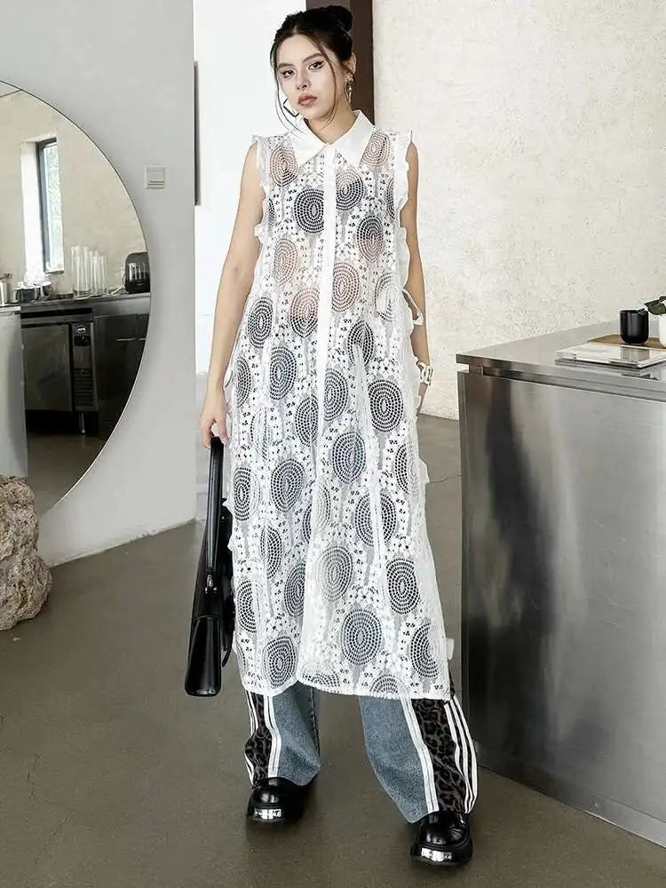 Women White Lace Perspective Ruffles Big Size Shirt Dress New Lapel Sleeveless Fashion Tide Spring Summer 2025 1DH6069