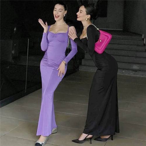 Load image into Gallery viewer, Square Collar Long Sleeve Sexy Long Dress For Women Gown Fashion Elegant Autumn Solid Bodycon Maxi Dress Clubwear
