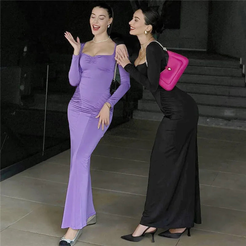 Square Collar Long Sleeve Sexy Long Dress For Women Gown Fashion Elegant Autumn Solid Bodycon Maxi Dress Clubwear
