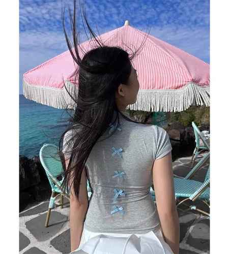 Women Clothing Black Tshirts Fashion Slim Fit Summer Tees Y2k Tops Short Sleeve Half High Collar Diamond Bow Fashion T Shirts