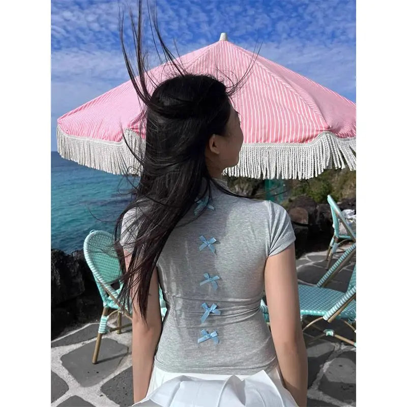 Women Clothing Black Tshirts Fashion Slim Fit Summer Tees Y2k Tops Short Sleeve Half High Collar Diamond Bow Fashion T Shirts