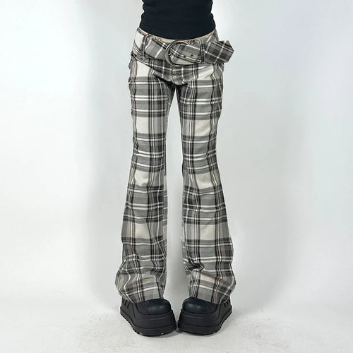 Load image into Gallery viewer, Y2k Vintage Belt Low Rise Plaid Trousers Harajuku Korean Style Female Pants Boot Cut 2000s Aesthetic Capris Checkered
