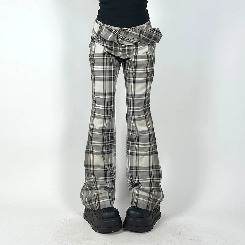 Y2k Vintage Belt Low Rise Plaid Trousers Harajuku Korean Style Female Pants Boot Cut 2000s Aesthetic Capris Checkered
