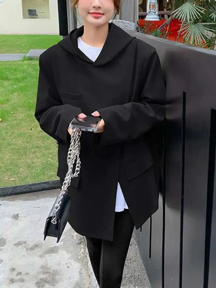 Women Slit Irregular Big Size Blazer New Hooded Long Sleeve Loose Fit Jacket Fashion Tide Spring Autumn 2025  1DH0482