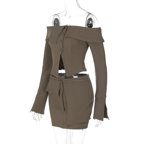 Load image into Gallery viewer, Sexy Two Piece Sets Women Off-shoulder Long Sleeve T-shirt And Mini Skirt Matching Sets Backless Sexy 2 Piece Sets
