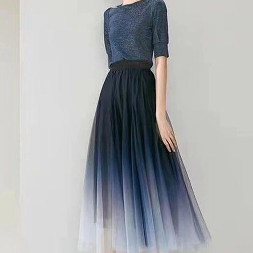 Load image into Gallery viewer, Elegant Tulle Skirts Women High Waist Gradient Mesh Pleated Midi Skirt Korean Elastic Loose Casual All Match A Line Skirt
