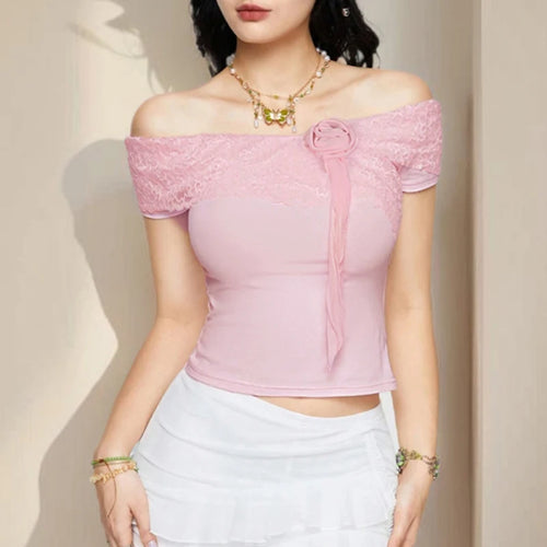 Load image into Gallery viewer, Fashion Chic Coquette Pink Summer T shirt Women Flower Off Shoulder Top Slim Chic Korean Style Sexy Tee Shirt Outfits
