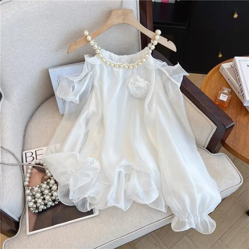 Spring Women White Flower Decorate Versatile Long Sleeve Pearls O Neck Blouse Simple Beige Off Shoulder Ruffles Shirt Clothes