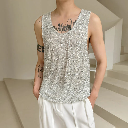 Load image into Gallery viewer, Summer Fashion Men&#39;s Tank Tops Solid Color Loose Round Neck Sleveeless Sequins Casual Male Top New Stylish 9C6109
