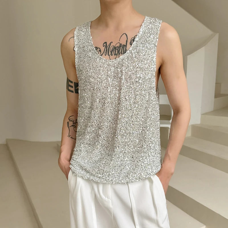 Summer Fashion Men's Tank Tops Solid Color Loose Round Neck Sleveeless Sequins Casual Male Top New Stylish 9C6109