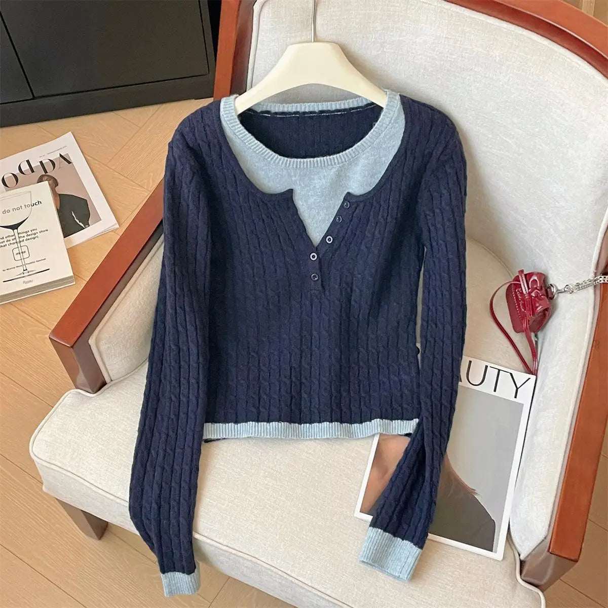 Korean Autumn Winter Patchwork Elegant Button Pullover Short Sweater Women's 2024 New Long Sleeved Knitted Tops Versatile Casual