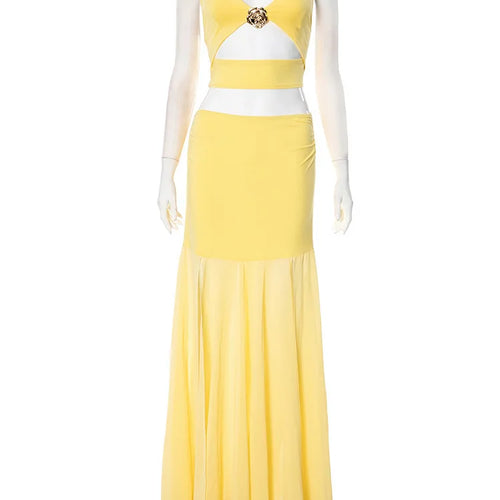 Load image into Gallery viewer, Yellow Sexy Skirt Two Piece Sets Women Halter Lace-up Crop Tops And Maxi Skirt Female Elegant Club 2 Piece Sets Dress
