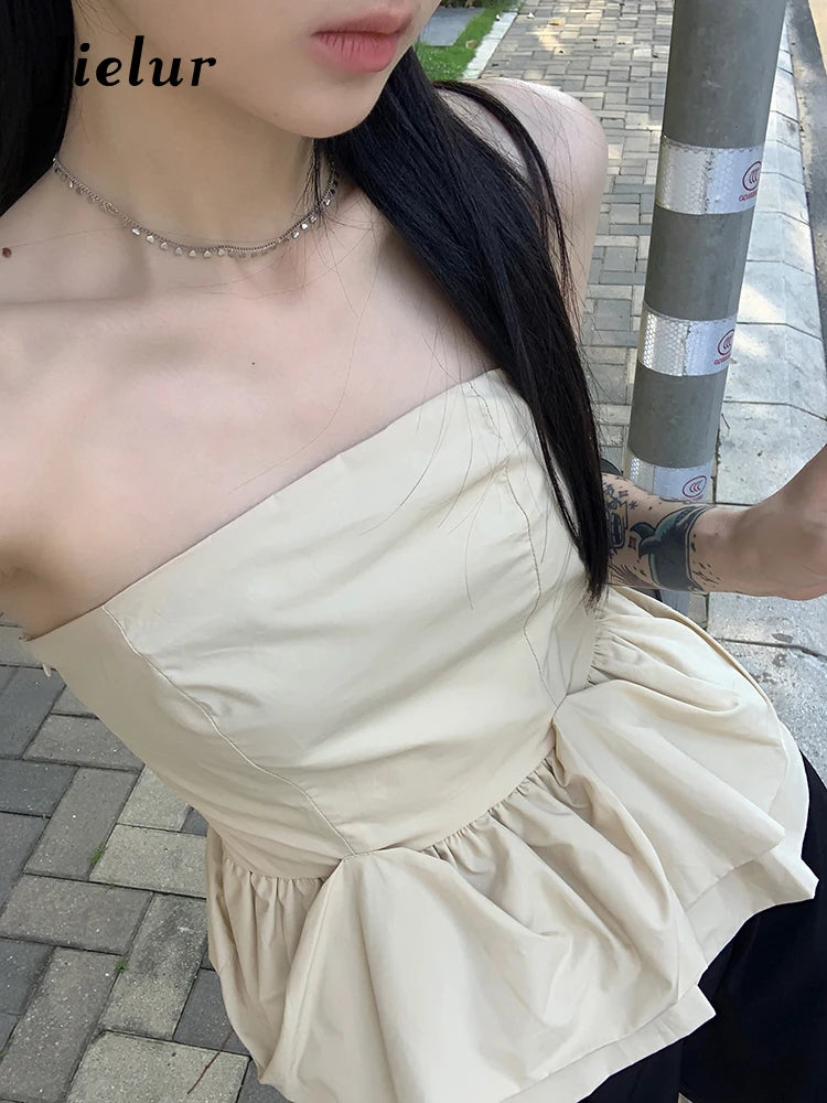 Apricot Strapless Sexy Women's Camis Casual Office Lady Solid Color Sleeveless Ruffles Female Camis Streetwear Outfits