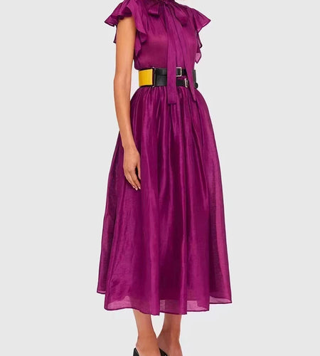 Summer Short Sleeve Dress For Women Stand Collar High Waist Print Colorblock Vintage Midi Dresses Female Clothing Style New