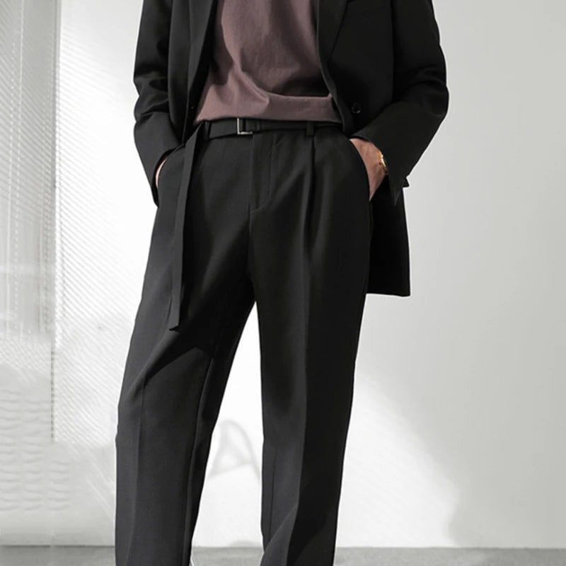 Autumn Winter New Men's Solid Color Straight Pants Simple Korean Chic Male Lace-up Loose Pocket Suit Pants 24A1142