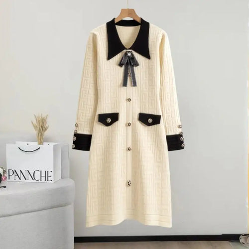 Load image into Gallery viewer, French Patchwork Long Sleeved Lapel Bow Dress Autumn Winter New Temperament Slim Button Knitted A-line Dress Women Chic Clothing
