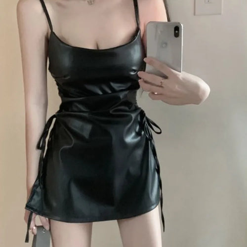 Load image into Gallery viewer, Leather Sexy Black Slip Dress Bandage Night Club Party Bodycon Wrap Spaghrtti Strap Mini Short Dresses
