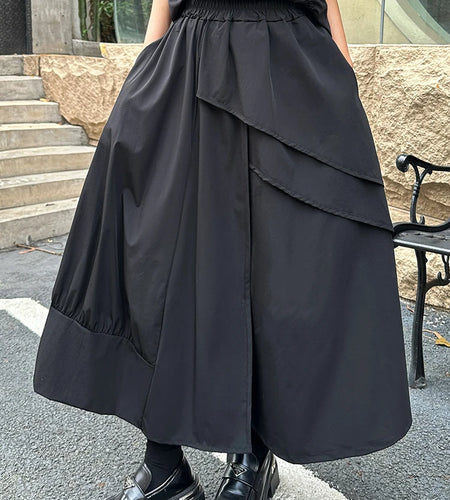 High Elastic Waist Black Irregular Ruffles Splice A-line Half-body Skirt Women Fashion Tide New Spring Autumn 2025 1DJ1375