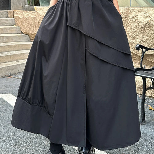 Load image into Gallery viewer, High Elastic Waist Black Irregular Ruffles Splice A-line Half-body Skirt Women Fashion Tide New Spring Autumn 2025 1DJ1375
