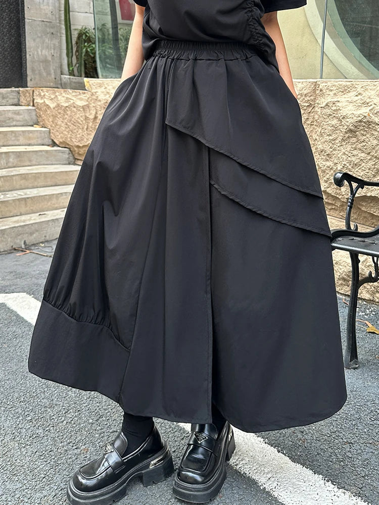 High Elastic Waist Black Irregular Ruffles Splice A-line Half-body Skirt Women Fashion Tide New Spring Autumn 2025 1DJ1375