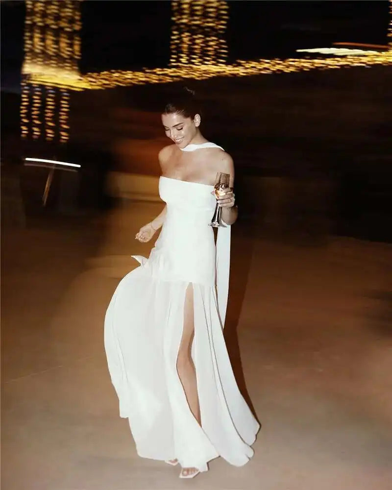 Elegant Strapless Sexy Maxi Dress For Women Gown With Scarf Off-shoulder Sleeveless Backless Split Beach Long Dress