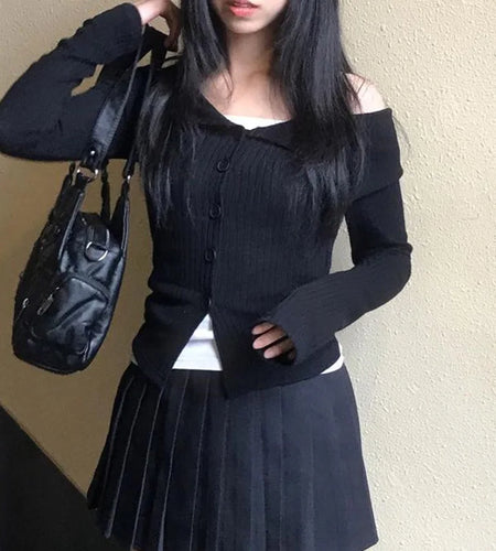 Korean Style Black Knit Women T-shirts Slim Basic Buttons Up Autumn Tee Long Sleeve Casual Kawaii Top Clothing Spring