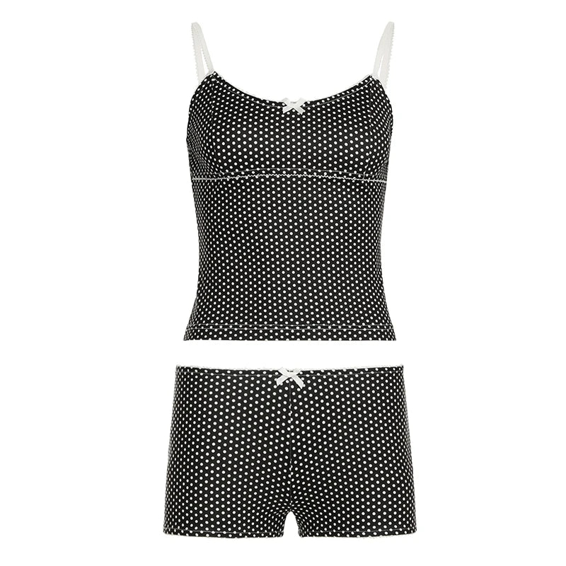 Y2K Aesthetics Polka Dot Printed Two Pieces Set Women's Skinny With Bow Mini Camis+Micro Shorts Summer Basic Outfits