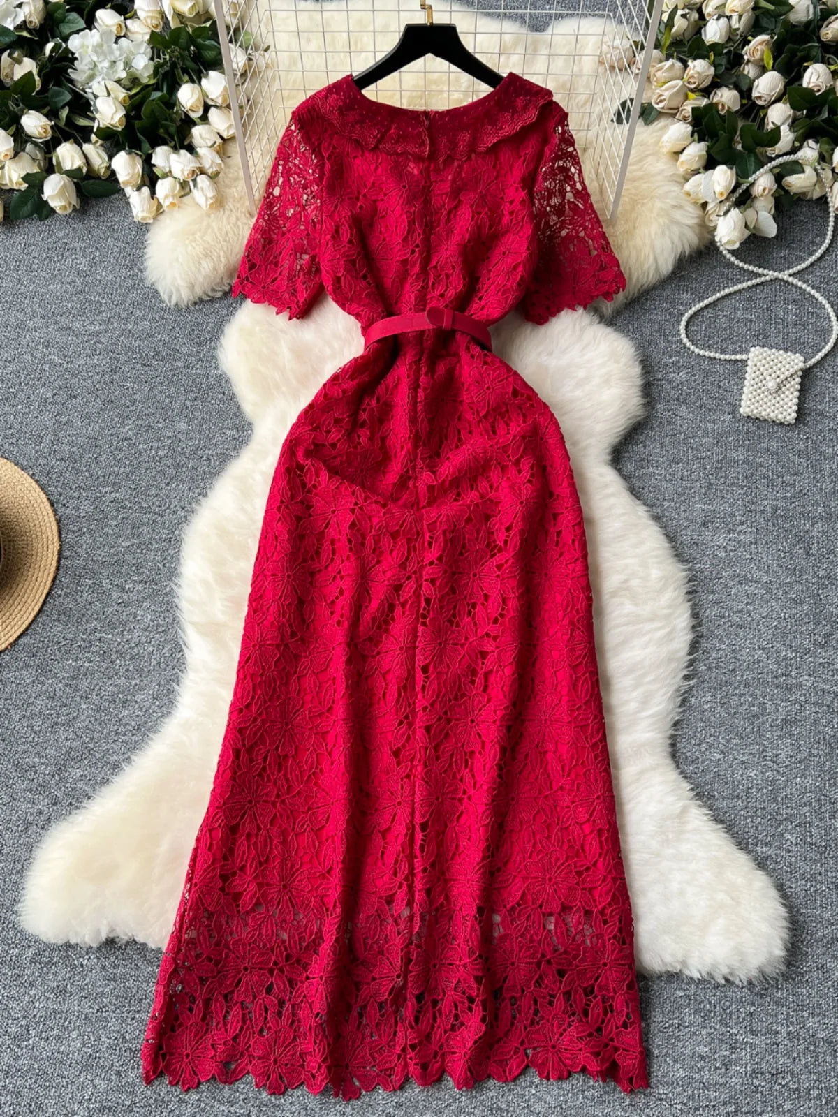 Summer Solid High Waist Button Birthday Lace Long Dress Women French Retro Elegant Short Sleeve Festival Party Evening Dress New