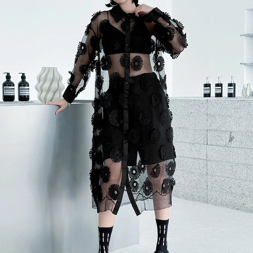Load image into Gallery viewer, Women Black Mesh Embroidery Perspective Big Size Shirt Dress New Lapel Long Sleeve Fashion Spring Summer 2025 1DJ1154
