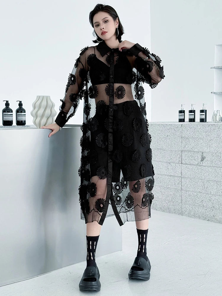 Women Black Mesh Embroidery Perspective Big Size Shirt Dress New Lapel Long Sleeve Fashion Spring Summer 2025 1DJ1154