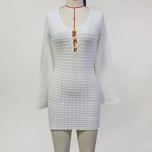 Load image into Gallery viewer, Sexy Knitted Beach Dress For Woman White Hollow Out Deep V Neck Long Sleeve High Waist A-line Knit Dress Knitwear
