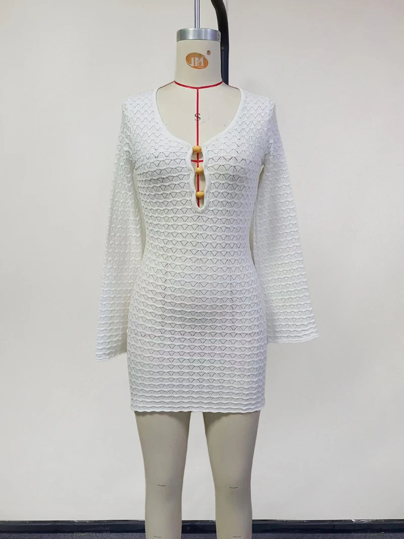 Sexy Knitted Beach Dress For Woman White Hollow Out Deep V Neck Long Sleeve High Waist A-line Knit Dress Knitwear