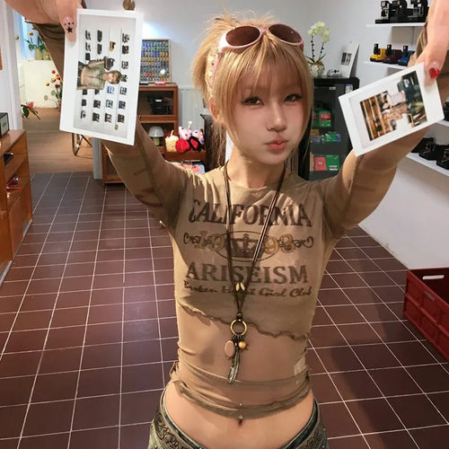 Load image into Gallery viewer, Japanese Y2k Mesh Tops Vintage Harajuku Letter Print Long Sleeve T-shirt 2000s Grunge Aesthetics Sheer Tops American 90s
