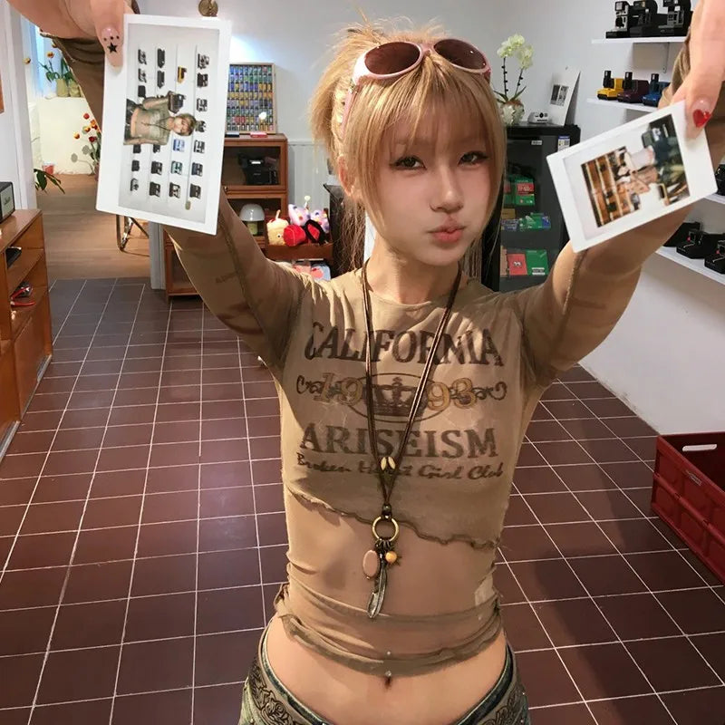 Japanese Y2k Mesh Tops Vintage Harajuku Letter Print Long Sleeve T-shirt 2000s Grunge Aesthetics Sheer Tops American 90s